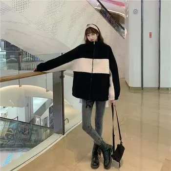 МОДА женская мода осень-зима новинка искусственная овечья шерсть контрастные цвета ворсистый утолщенный свободный BF ветрозащитный с длинными рукавами Одежда M абрикосовый