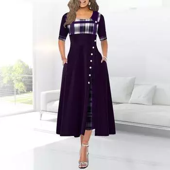 МОДА женская мода платье макси в клетку с короткими рукавами и пуговицами размера плюс S-5XL S красный