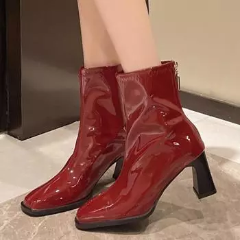 мода Женская мода Высокий каблук Ботильоны с квадратным носком Молния сзади Короткие сапоги Женские элегантные однотонные лакированные кожаные ботинки Botas De Mujer 35 бежевый