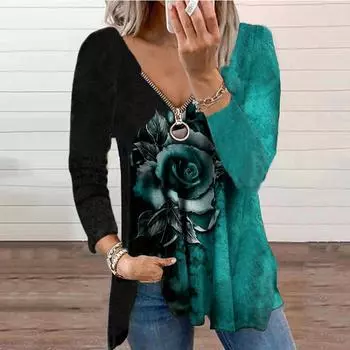 МОДА Женская модная рубашка свободного покроя с V-образным вырезом на молнии с принтом роз и длинными рукавами S вино красного