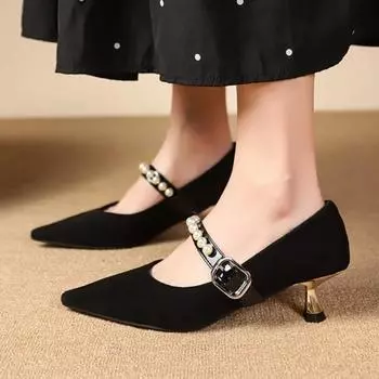 мода Женская обувь 2024 Модные женские туфли-лодочки с пряжкой Осенние туфли с острым носком и бусинами Однотонные туфли на шпильках или тонких каблуках Неглубокие туфли 35