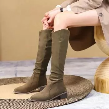 мода женская обувь модные женские сапоги с рукавами зимние замшевые однотонные высокие туфли на толстом каблуке сапоги больших размеров Zapatos De Mujer 35 хаки