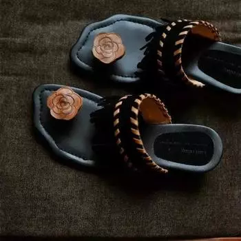 мода женская обувь на открытом воздухе современные новые женские тапочки повседневные тапочки женские аппликации разноцветные бахрома плоские туфли с обувью женские 34 черный коричневый