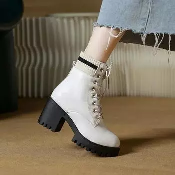 мода Женская обувь Женские сапоги до середины голени Классические современные сапоги Женские смешанные цвета Шнуровка Высокий квадратный каблук Туфли на платформе Женские 35