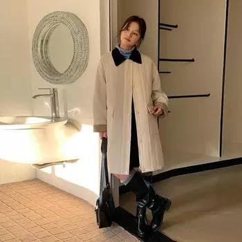 МОДА Женская одежда 2024 Зимняя новая средняя и длинная ветровка Женская контрастная воротниковая стеганая одежда Стеганая одежда Куртка женская одежда One size серый