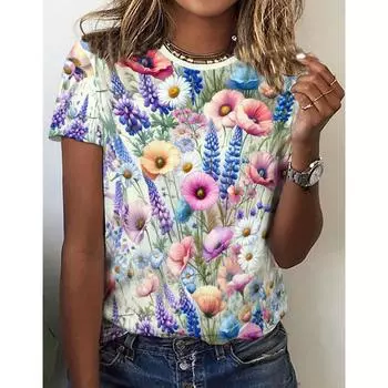 Мода Женская одежда Crushed Flower O-Neck Свободная футболка с коротким рукавом Цветные принты Топы Дышащие футболки Уличная одежда XXS