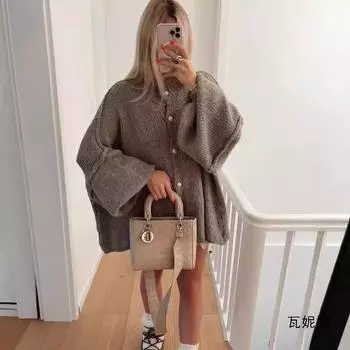 МОДА Женская одежда Зима 24 Новый стиль Ветрозащитный воротник-стойка Металлические пуговицы Декоративные рукава летучая мышь Кардиган Одежда S