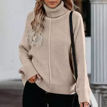 МОДА Женская осенне-зимняя свободная однотонная трикотажная водолазка с длинными рукавами и вязанным свитером S хаки