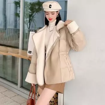 МОДА Женская овечья шерсть с начесом 2024 года, зимняя корейская версия, укороченная талия, с капюшоном, утолщенная модная одежда S чёрный