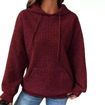 МОДА Женская весна осень однотонная толстовка-пуловер с вафельной текстурой свободного кроя с капюшоном и длинными рукавами с карманами и завязками на талии M синий