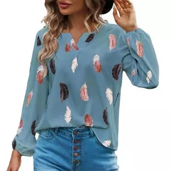 МОДА Женская весна осень V-образный вырез Фонарь Длинный рукав Блузка с принтом перьев Свободный крой Пуловер Футболка Уличная одежда M светло-синий