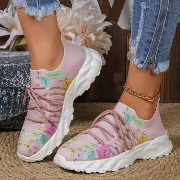 мода Женские 2024 новые модные сетчатые дышащие повседневные кроссовки с растительным принтом 31.5 бежевый