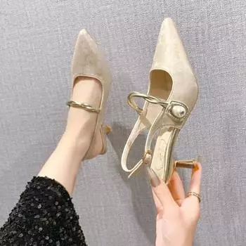 мода Женские босоножки с открытой пяткой Летние босоножки на каблуке Мэри Джейн Элегантные женские туфли Острый нос Высокие зеленые каблуки Talon Femme 35 бежевый