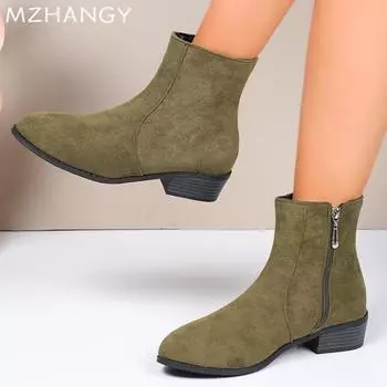 мода Женские ботильоны из массивной замши Зимние элегантные туфли на среднем каблуке Повседневная женская обувь 2024 года Трендовые туфли-лодочки для ходьбы Модные готические ботинки Mujer 36 зелёный