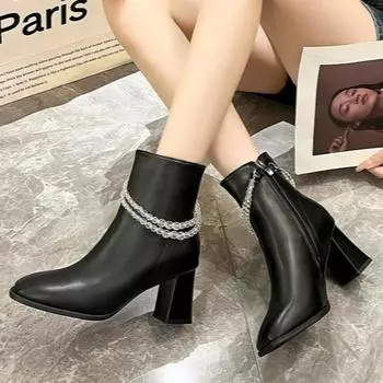 мода Женские ботильоны на высоком каблуке с бусинами Ботильоны с квадратным носком Зима 2024 Тенденция Элегантные туфли-лодочки Обувь для вечеринок Модный дизайнер Новые ботинки Mujer 34 бежевый
