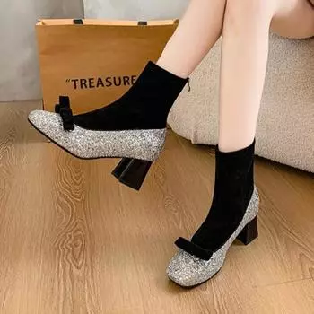 мода Женские ботильоны на высоком каблуке с блестящим бантом из меха Модные роскошные замшевые туфли Женский бренд 2025 года Новый тренд Элегантные туфли-лодочки для вечеринок Botas Mujer 35 чёрный
