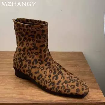мода Женские ботильоны с леопардовым принтом на плоской подошве Замшевые туфли Женские 2025 Тенденция Зимние повседневные Прогулочные Модные зимние мотоциклетные ботинки Mujer Botas 35 чёрный