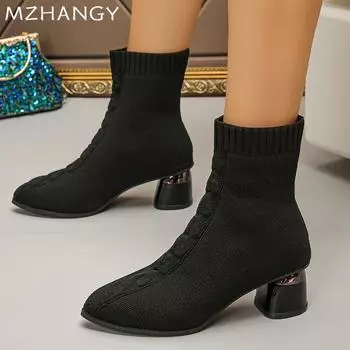 мода Женские ботильоны с острым носком Элегантные туфли на среднем каблуке Женские тенденции 2025 года Модные дизайнерские туфли-лодочки Эластичные сапоги Mujer Botas 36 бежевый