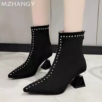 мода Женские ботильоны с острым носком из замши Элегантные туфли на среднем каблуке Женские 2025 Тенденция Зима Дизайнерские туфли-лодочки Ботинки Челси Mujer Botas 35 чёрный