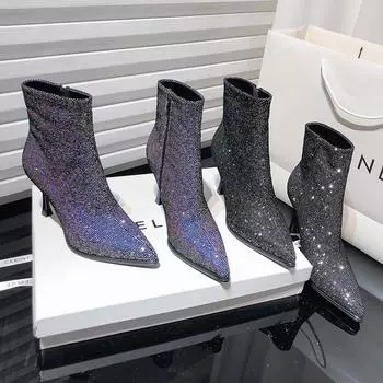 мода Женские ботильоны с пайетками Модные короткие ботильоны с острым носком Осень-зима Женская обувь на высоком каблуке Botas Mujer 35 серебряный