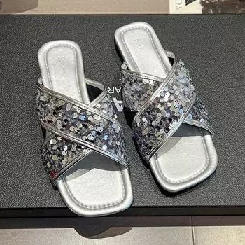 мода Женские летние новые модные шлепанцы с дизайнерским плоским носком, удобные сандалии, женские роскошные платья со стразами, пляжные шлепанцы для отпуска 35 чёрный