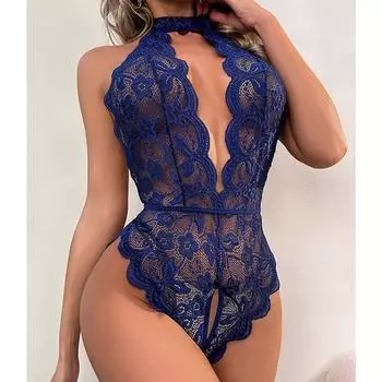 МОДА, женские новые стильные пижамы, синие кружевные пижамы с открытой спиной, сексуальные прозрачные пижамы, цельные колготки, висячие пижамы без рукавов с глубоким V-образным вырезом S