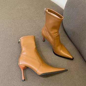 мода женские остроносые ботильоны челси на высоком каблуке туфли 2024 зимняя мода вечерние туфли туфли на высоком каблуке сексуальные прогулочные тренды Mujer Zapatos 35 бежевый