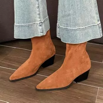 мода Женские остроносые ботильоны на высоком каблуке Кожаные туфли Зимние замшевые туфли Женские 2025 Трендовые модные элегантные офисные толстые ботинки Mujer 35