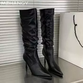 мода Женские остроносые высокие сапоги Сексуальные туфли на высоком каблуке Женские тенденции 2025 года Элегантные туфли на шпильках Ботинки Челси Зимняя вечеринка Новые женские ботинки 35 чёрный