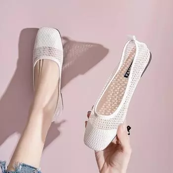 мода женские плоские туфлидышащая сетка женские летние квадратные туфли женские туфли большого размера женские 35 бежевый