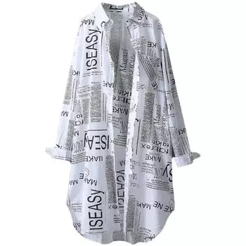 МОДА Женские рубашки с газетным принтом, блузки с длинным рукавом и пуговицами, топы свободного покроя с лацканами L белый