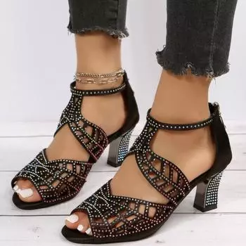 Мода Женские Сандалии Блок Каблуки Стразы Женские Высокие Каблуки Молния Сексуальная Женская Обувь Высокое Качество Sandalias De Mujer Verano 2025 36