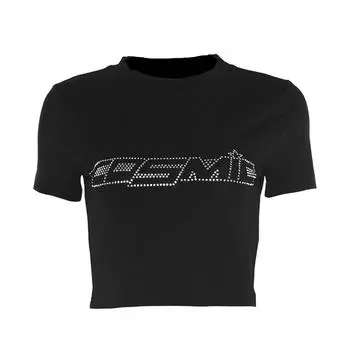 МОДА Женские сексуальные летние укороченные топы/жилетки с буквенным узором и стразами Базовая рубашка S чёрный