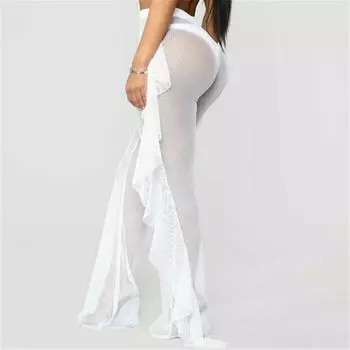 МОДА Женские сексуальные прозрачные брюки, сетчатые длинные брюки, бикини прикрывают пляжную одежду M белый