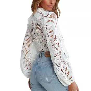 МОДА Женские топы с длинными рукавами и кружевом, повседневные вязаные крючком ажурные водолазки рубашки S белый