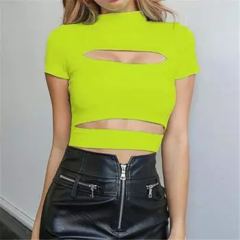 МОДА Женские топы с вырезами, летние сексуальные футболки с короткими рукавами, простые укороченные топы с высоким воротом S чёрный