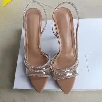 Мода Женские Туфли-Лодочки Сандалии Летние Сексуальные Слингбэки Высокие Каблуки Стразы Элегантный Острый Носок Прозрачный ПВХ Вечерние Свадебные Туфли 35