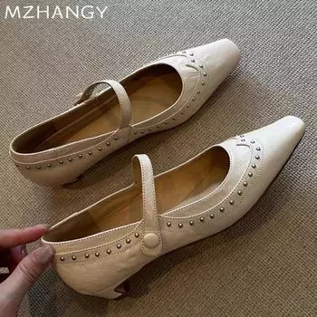 мода Женские туфли Мэри Джейн с острым носком и массивным носком, дизайнерские туфли с неглубокими носами, женские туфли 2024 года, трендовые туфли для ходьбы, элегантные туфли Zapatillas Mujer 34 бежевый