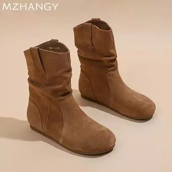 мода женские туфли на плоской подошве зимние сапоги до середины голени модная зимняя обувь женская 2024 трендовые ботинки челси прогулочные новые готические ретро короткие сапоги Mujer 35