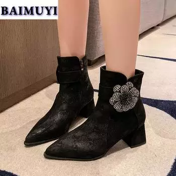 мода Женские туфли с цветочным принтом и острым носком на высоком каблуке, ботильоны 2025 года, трендовые сексуальные роскошные туфли-лодочки на молнии для выпускного вечера, новые туфли-лодочки Chelsea Botas Mujer 35 чёрный