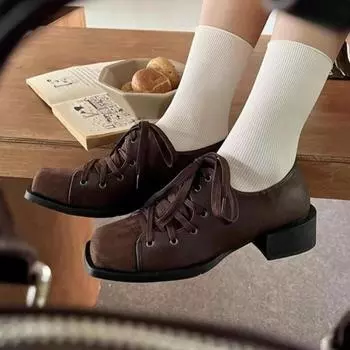 мода Женские туфли с квадратным носком на высоком каблуке Замшевые кроссовки Обувь Женский бренд Осень 2025 Тенденция Мода Уютные на шнуровке Офис Zapatos Mujer 35 чёрный