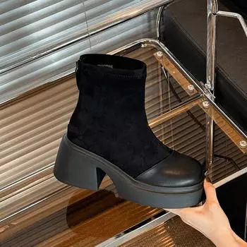 мода женские высокие каблуки ботильоны зимние сапоги на платформе замшевые теплые туфли женские брендовые зимние 2025 трендовые повседневные туфли-лодочки массивные ботинки женские 35 чёрный