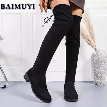 мода Женские высокие сапоги Дизайнерские элегантные массивные туфли Женские 2024 Тенденция Зимняя мода Замша Повседневное платье для прогулок Zapatillas Женские 35 чёрный