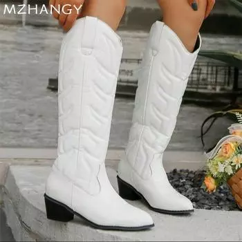 мода Женские высокие сапоги на толстой подошве Модные элегантные туфли на среднем каблуке для ходьбы 2024 года Трендовые зимние туфли-лодочки Дизайнерское платье Goth Zapatillas Mujer 36 белый