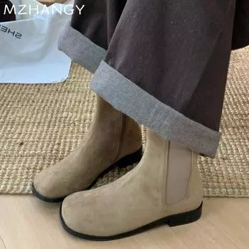 мода женские замшевые ботильоны зимняя мода туфли на плоской подошве женская 2025 тренд повседневная ретро платье снежная готика мотоциклетные ботинки Mujer Botas 35 чёрный