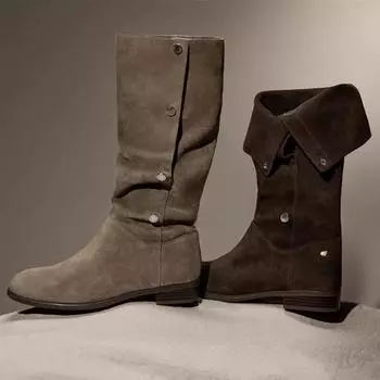 мода женские замшевые зимние сапоги средней высоты на плоской подошве модная обувь женская 2025 трендовые дизайнерские зимние мотоциклетные сапоги новые женские челси ботинки 35 хаки