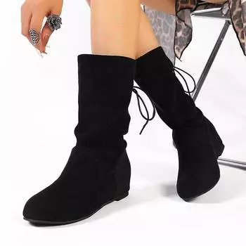 мода женские замшевые зимние сапоги средней высоты на плоской подошве модная обувь женская 2024 тренд зимние ботинки челси для ходьбы Desigenr New Mujer Goth Botas 35 чёрный