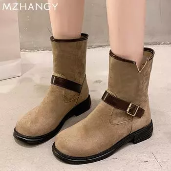 мода Женские зимние ботинки на толстой подошве из замши, модные удобные повседневные туфли для женщин 2024 года, зимнее дизайнерское платье для прогулок, челси, Botas Mujer 35 коричневый