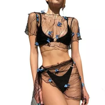 МОДА Женский комплект бикини с накидкой из прозрачной сетки с трехмерным декором в виде бабочек Короткий рукав Укороченный топ с завязками Юбка-саронг с запахом L чёрный