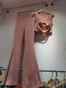 МОДА Женский комплект из 2 предметов: однотонный короткий топ без рукавов и длинные брюки с высокой талией, женский, осень-лето 2024 г. One Size розовый